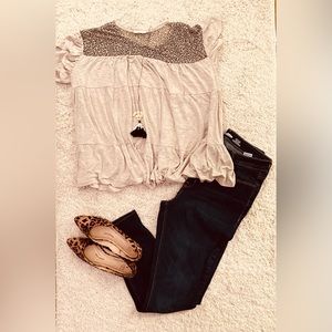 Tiered top in tan with leopard print accent